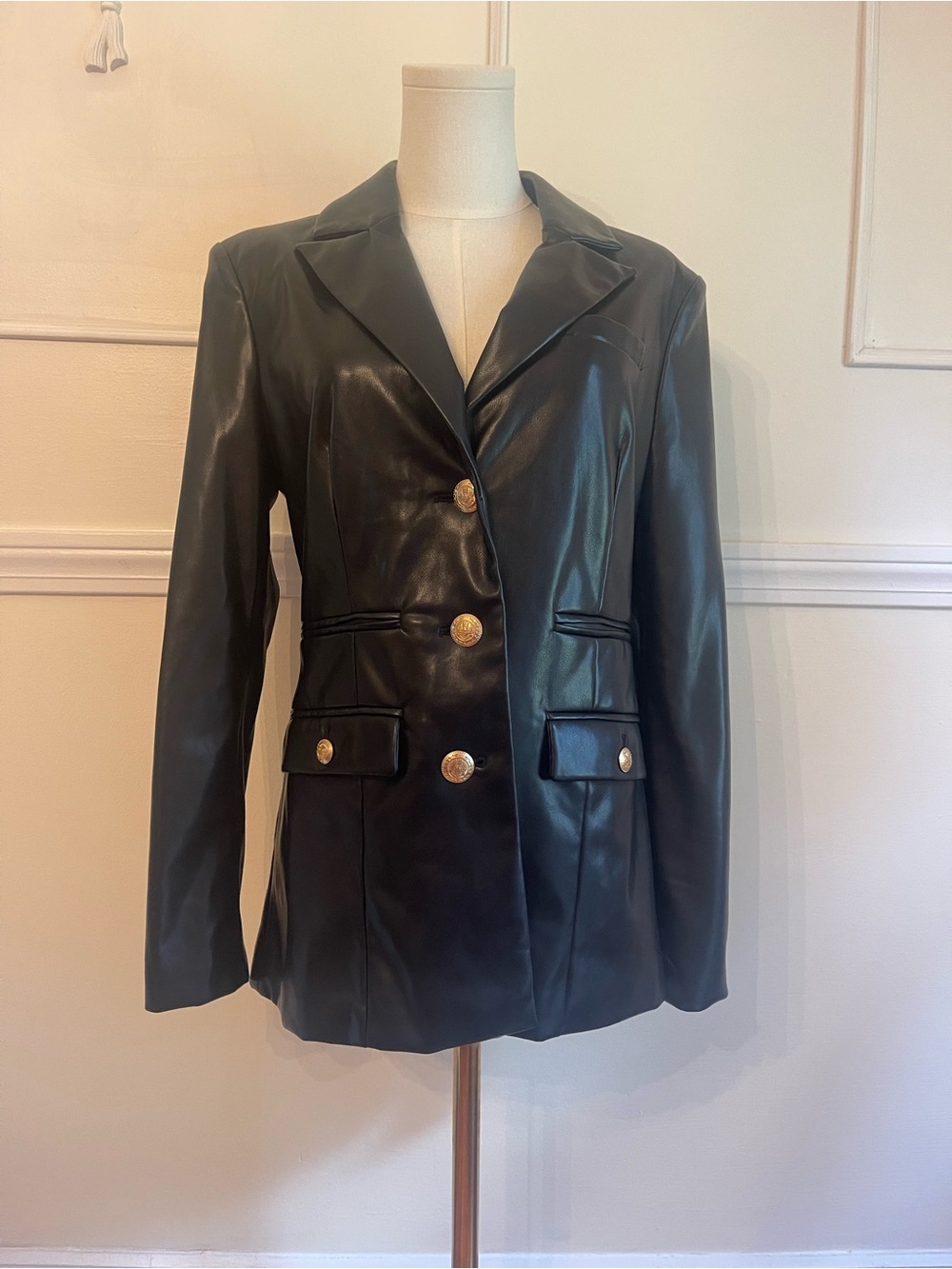 7 For All Mankind Black Faux Leather Blazer with Gold Buttons